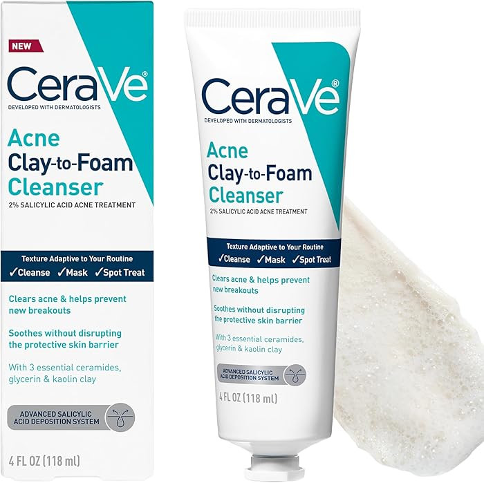 CeraVe Clay To Foam Acne Face Wash, Multi-Use Salicylic Acid & Kaolin Clay Acne Spot Treatment Cl... | Amazon (US)