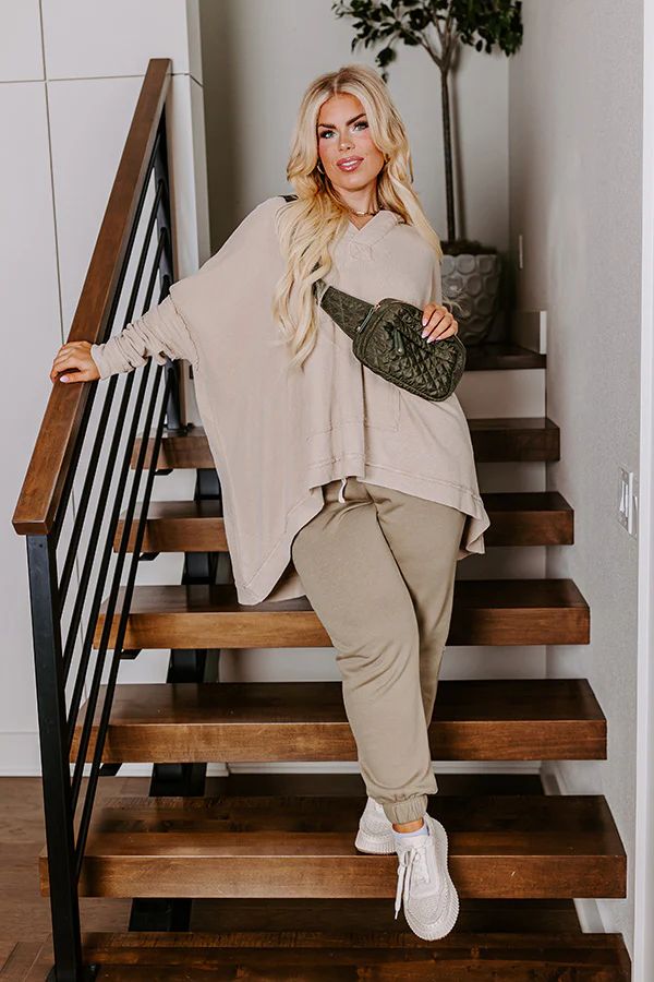 Latte Sipping Mineral Wash Oversized Hoodie in Beige Curves | Impressions Online Boutique