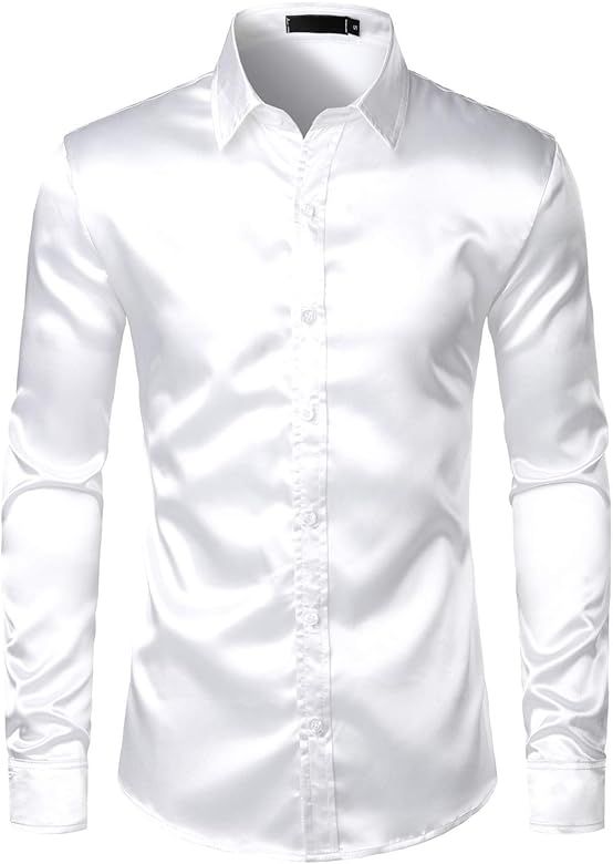 ZEROYAA Men's Luxury Shiny Silk Like Satin Button Up Dress Shirts | Amazon (US)