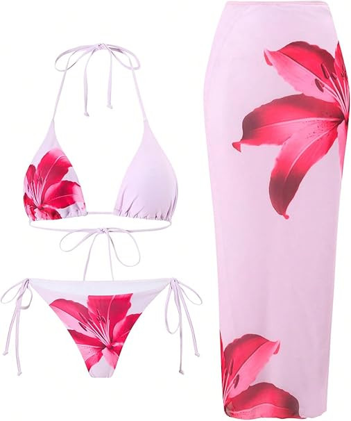 ZAFUL Womens 3pcs Swimsuit Floral Halter Triangle Bikini Top Tie Side Bottom with Long Sheer Cove... | Amazon (US)