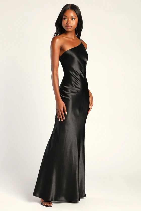 Forever Begins Now Black Satin One-Shoulder Maxi Dress | Lulus (US)