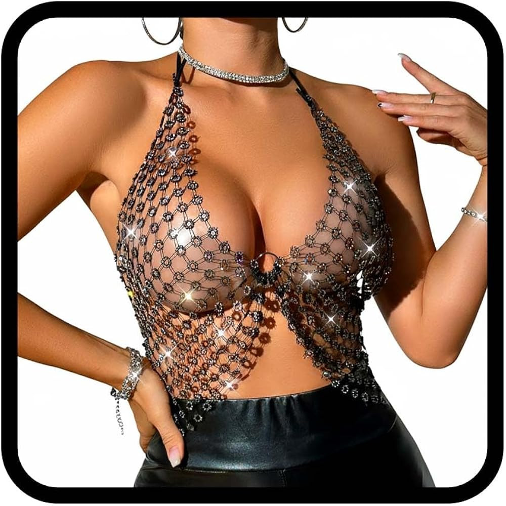 Asooll Sparkly Rhinestone Mesh Bra Chain Crystal Bikini Bra Top Party Club Halter Chest Chains fo... | Amazon (US)