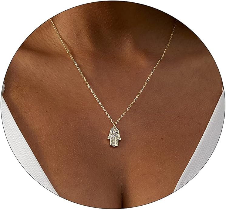 Kyerlyn Hamsa Hand Pendant Necklace 14K Gold Plated Cubic Zirconia CZ Hamsa Hand Necklace Dainty ... | Amazon (US)