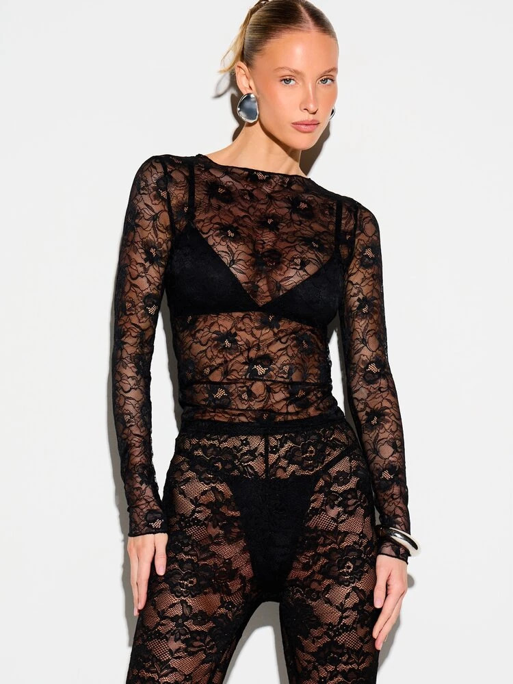 KIZN Women Sheer Black Lace Long Sleeve Top With Floral Pattern Crew Neck Semi Transparent Layeri... | SHEIN