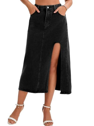 CIMUK Womens Long Denim Skirt Casual Western A Line Midi High Slit Jean Skirts Large Black | Amazon (US)