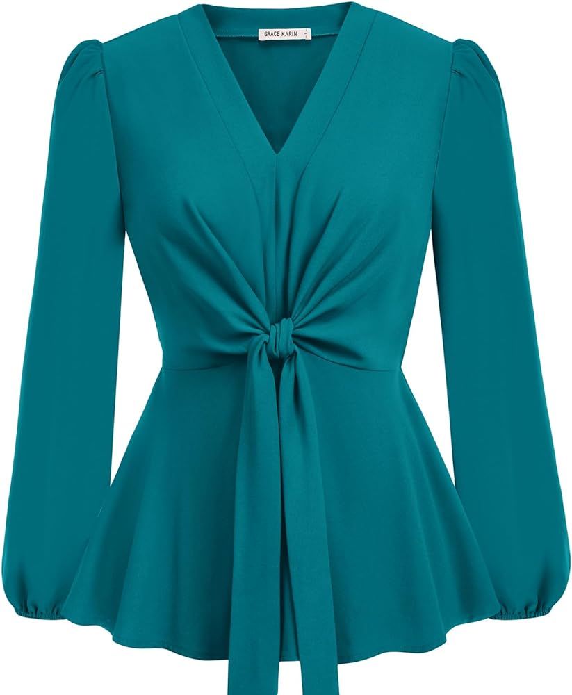 GRACE KARIN 2024 Women's Elegant Peplum Tops V Neck Tie Front Short Bell Sleeve Shirts Tops Blous... | Amazon (US)