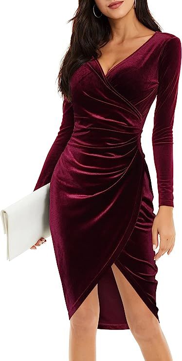 HUHOT Womens Wrap V Neck Long Sleeve Split Wrap Velvet Elegant Bodycon Ruched Cocktail Party Midi... | Amazon (US)