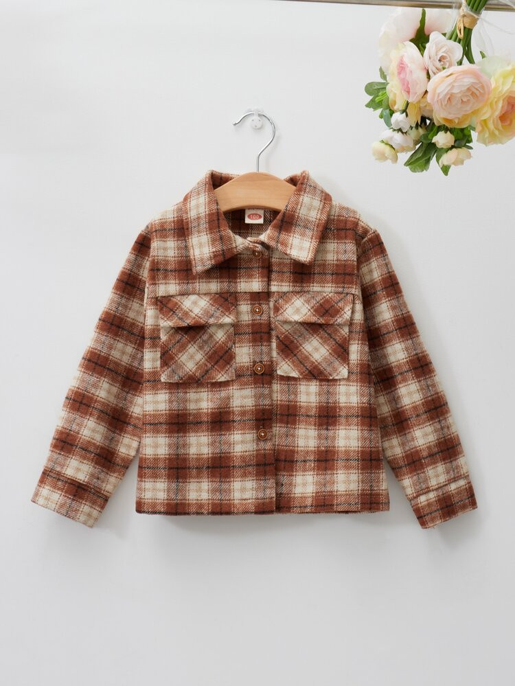 Toddler Girls Tartan Print Flap Pocket Jacket | SHEIN