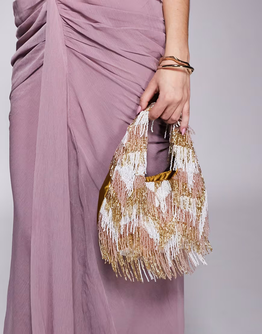 True Decadence bead embellished tassle shoulder bag in pink and gold-Multi | ASOS (Global)