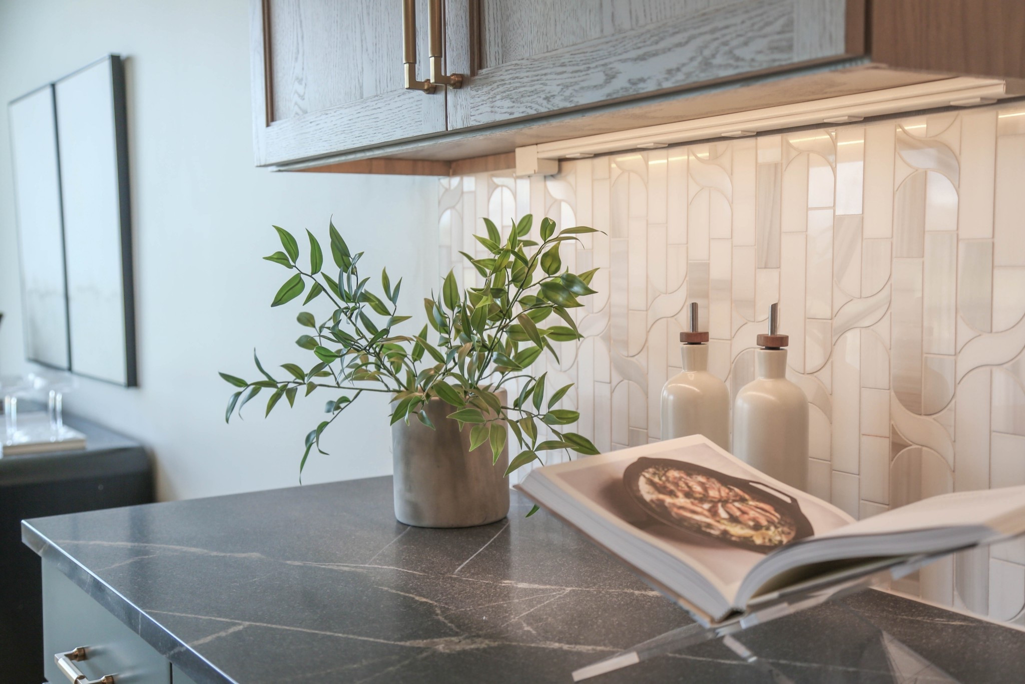 Great way to style your kitchen with Greenery, Planters, Book stands, Cook book, Oil and vinegar bottles, Lighting, Backsplash, Countertops, Dark counter tops  

#LTKStyleTip #LTKHome #LTKFamily