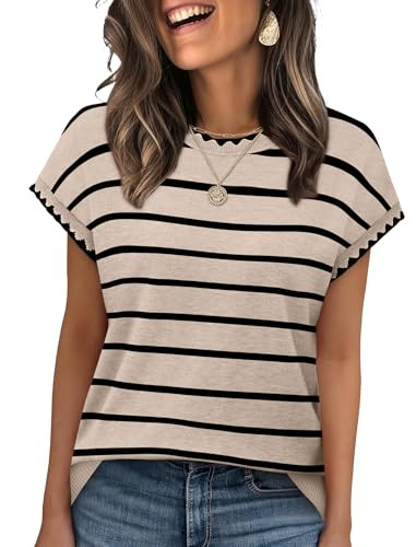 Sampeel Women's Short Sleeve Sweater Cap Sleeve Cute Striped Knit Boho Tops for Summer Spring Work Business Dressy Casual Outfits Fashion Clothing Vacation Cruise 2026 L | Amazon (US)