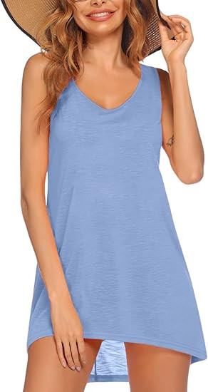 Ekouaer Women's Sleeveless Swimwear Coverups T-Shirt Beach Dress Tank Bikini Cover Up with Print | Amazon (US)