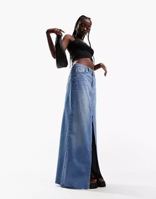 ASOS DESIGN lightweight denim maxi skirt with split front in blue | ASOS (Global)