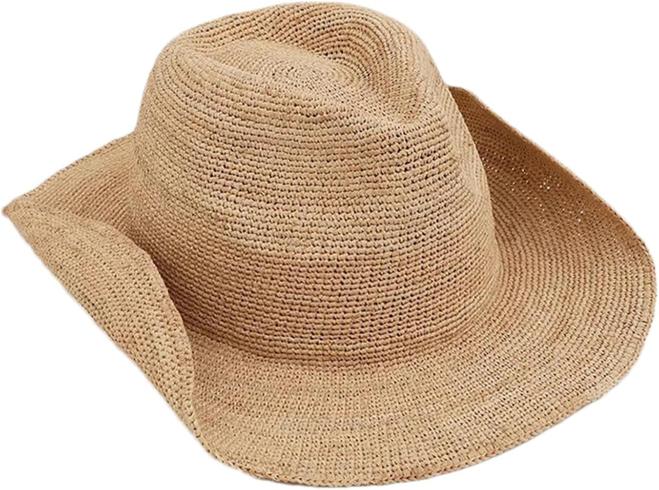 Womens Hand-Woven Crochet Raffia Sun Hat Summer Western Cowboy With Curled Brim Beach Sun Straw H... | Amazon (US)