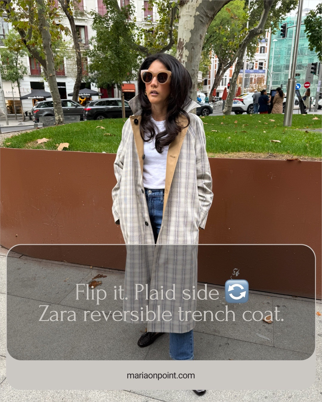 One coat, two looks 🔄 This Zara reversible trench goes from classic camel to plaid in seconds, and it looks just like the Sézane one for a fraction of the price 👀 White tee, jeans, tassel loafers, done. Which side are you picking?
