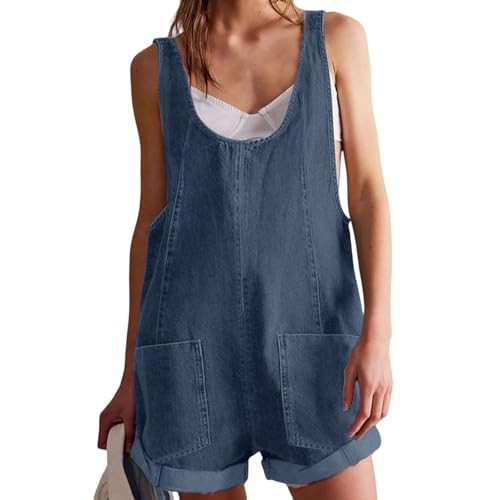 Wabkderpu Womens Denim Romper Overalls Casual Sleeveless V Neck Jean Overall Shorts Jumpsuit Summer Outfits with Pockets 2026 | Amazon (US)