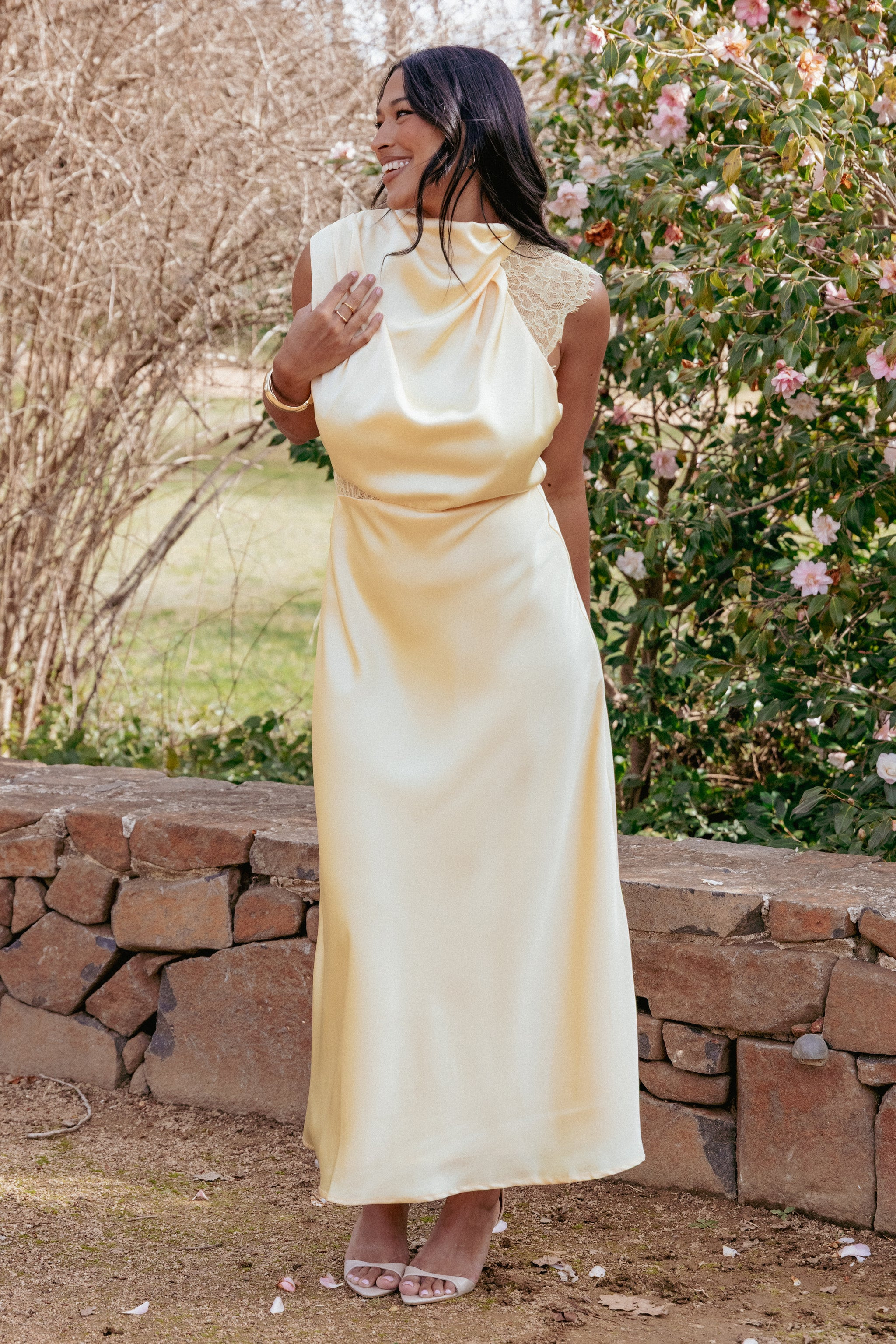 Anabelle Halter Neck Lace Maxi Dress - Butter Yellow | Petal & Pup (AU)