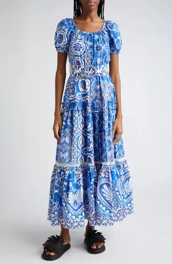 Tile Dream Puff Sleeve Belted Cotton Maxi Dress | Nordstrom