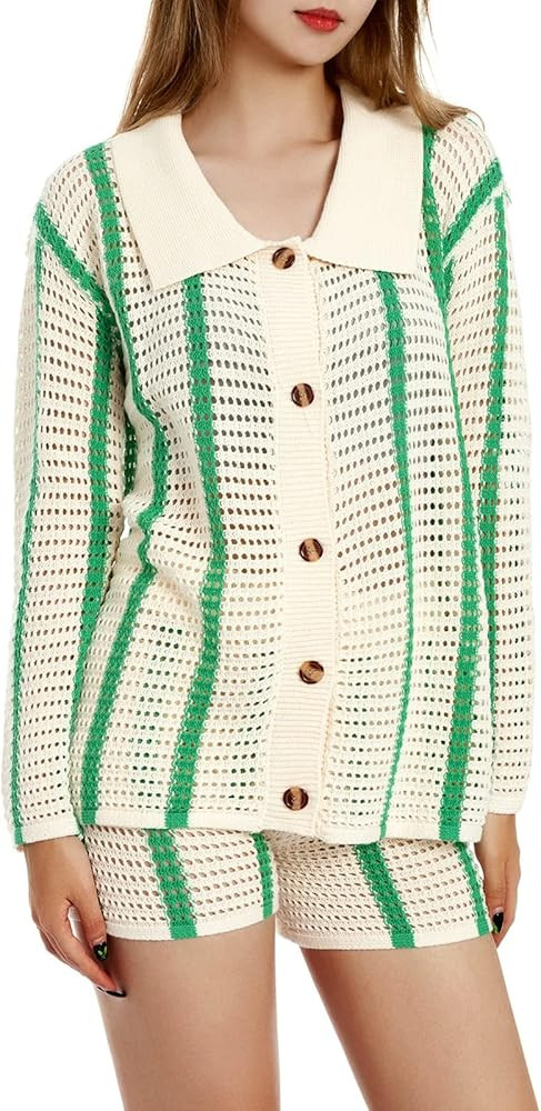NUFIWI Crochet 2 Pieces Outfits Color Block Hollow Out Knitted Cardigan and Short Pants Set Summe... | Amazon (US)