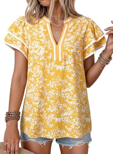Dokotoo Womens Summer Tops 2026 Boho Floral Ruffle Short Sleeve V Neck Dressy Casual Loose Blouse... | Amazon (US)