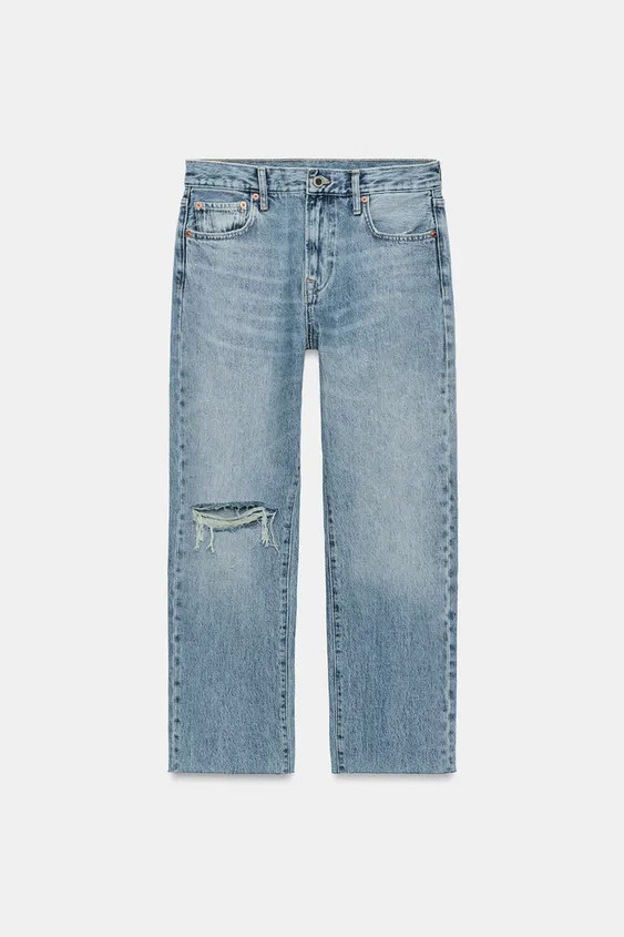 ZW COLLECTION MID-RISE RIPPED STRAIGHT LEG JEANS | Zara US