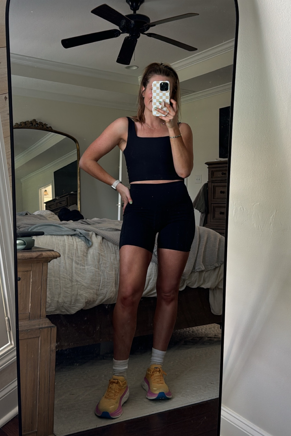 Rocking my all-black workout set today with a vibrant pop of color from my Hoka shoes! 💪👟 #WorkoutStyle #FitnessFashion 

#LTKfitness #LTKstyletip #LTKfindsunder50