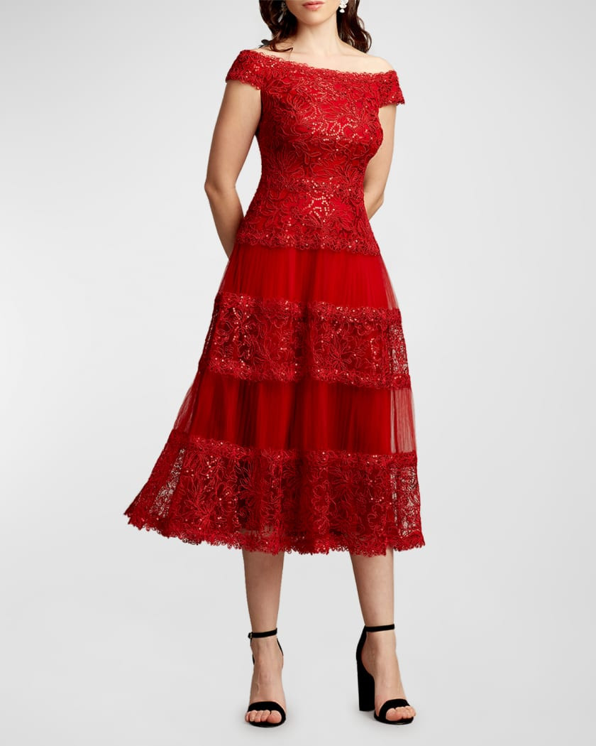 Tadashi Shoji Bateau-Neck Lace Midi Dress | Neiman Marcus