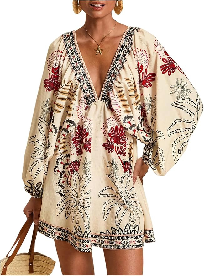 WDIRARA Women's Boho Floral V Neck Short Dress Lantern Sleeve Tie Back Flowy Tropical Dresses | Amazon (US)