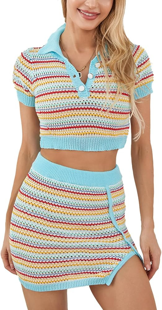 Women’s 2 Piece Summer Bodycon Outfits Sleeveless Crochet Striped Tank Tops and Short Pants Set... | Amazon (US)