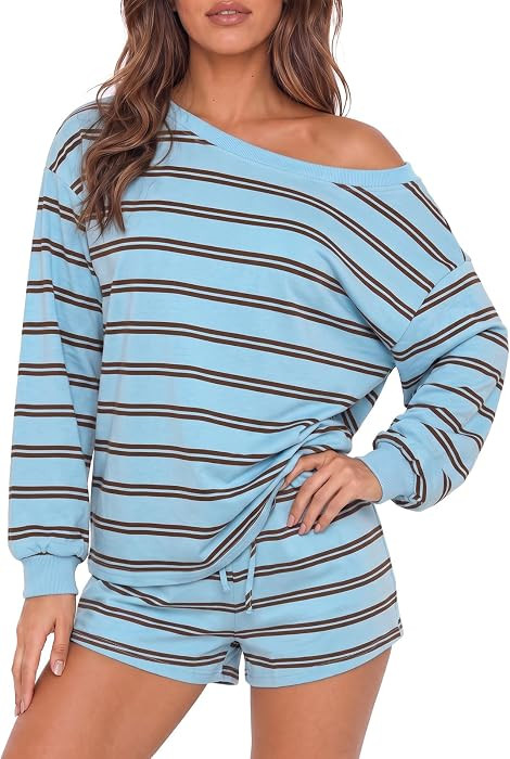 Fisoew Womens Long Sleeve 2 Piece Lounge Outfits Casual Striped Short Sets | Amazon (US)