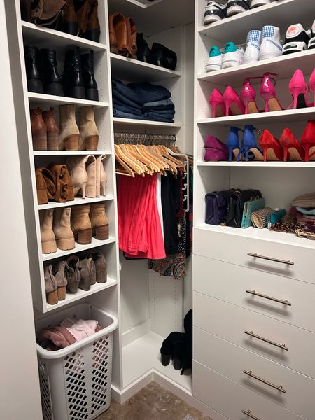 We floated the shelving section on the left side of this custom closet so the client could order a laundry hamper on wheels to make it easy peasy to take dirty clothes to the laundry room. Linked a few chic laundry hamlets on wheel 

#LTKhome #LTKstyletip #LTKfamily