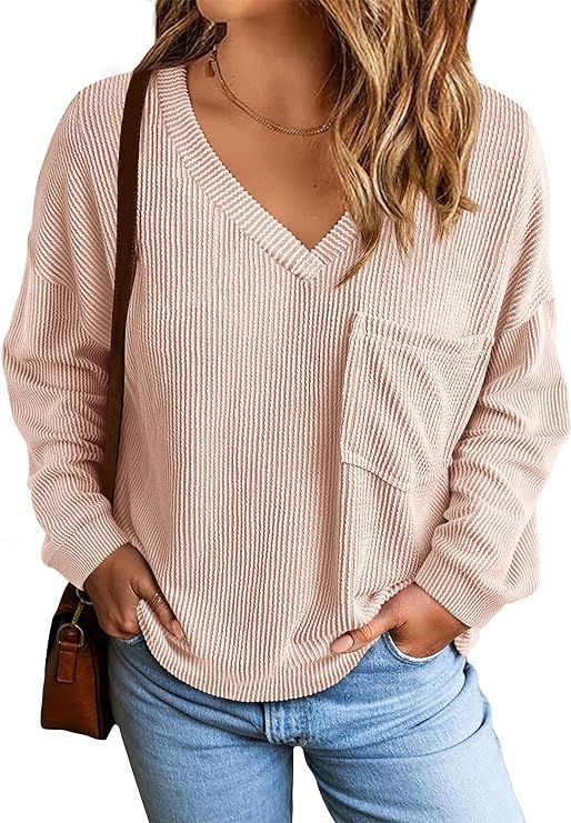 KIRUNDO Womens Fashion 2024 Fall Texture Long Sleeve Tops Oversized Knitted Shirts Casual V Neck ... | Amazon (US)