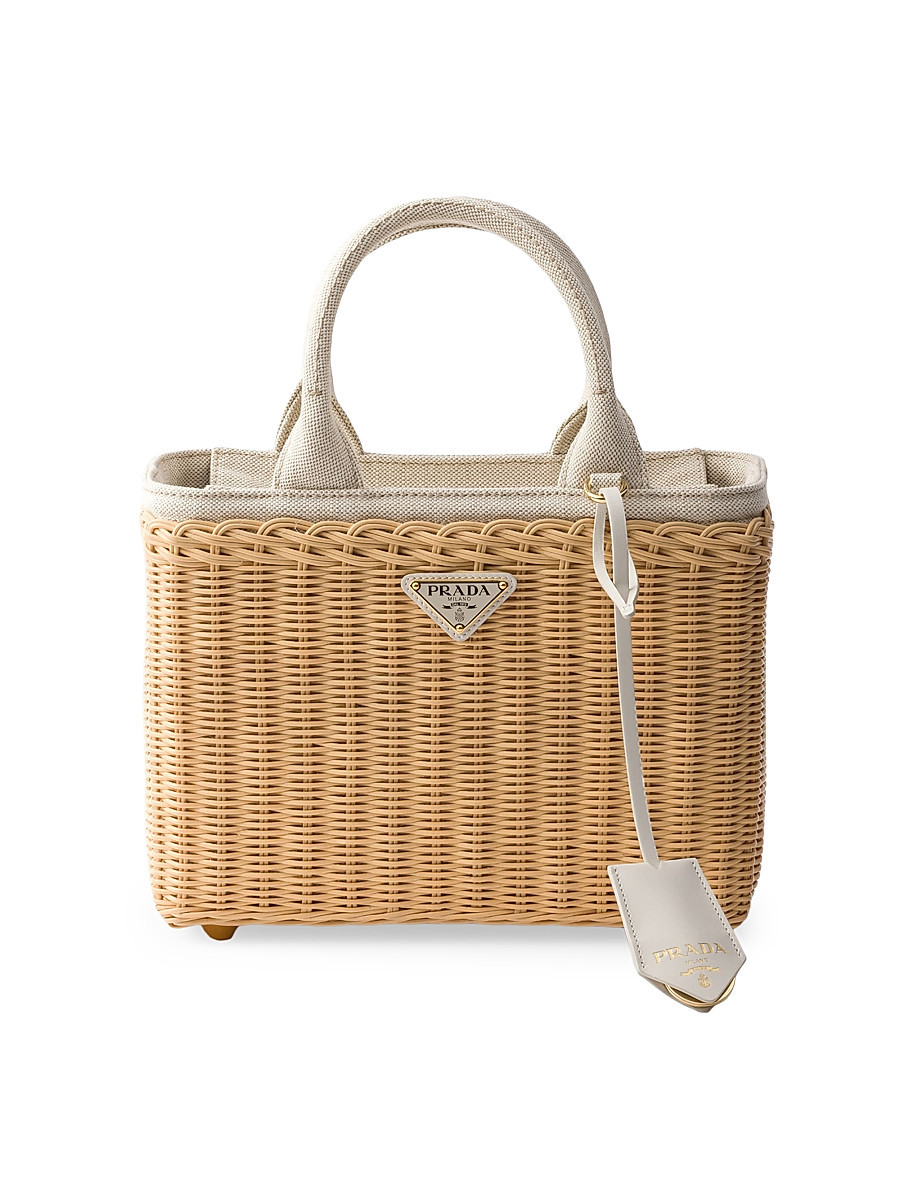 Women's Medium Wicker and Linen Blend Tote Bag - Beige Khaki | Saks Fifth Avenue