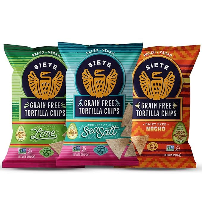 Siete Grain Free Tortilla Chips Mix, 2 Sea Salt, 2 Lime, 2 Nacho, 5 oz bags, 6-Pack | Amazon (US)
