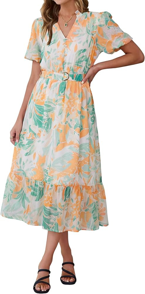 Simplee Womens Summer Boho Floral Midi Dress Casual Beach Wedding Guest Chiffon A Line Belted Lon... | Amazon (US)