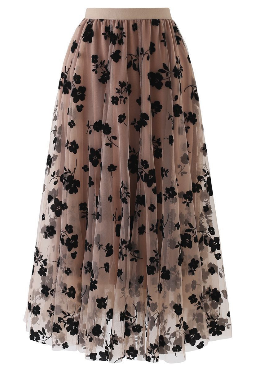 3D Posy Double-Layered Mesh Midi Skirt in Caramel for Date Nights & Holiday Parties | Chicwish