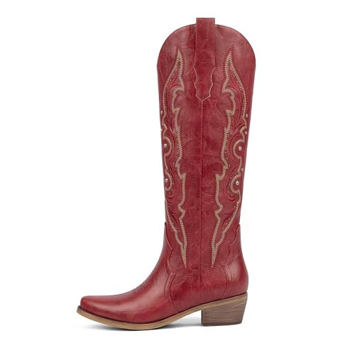 QIY Womens Cowboy Cowgirl Boots Red Knee High Cowgirl Rhinestone Sparkly Western Embroidered Tall Cowboy Boots for Women with Chunky Low Heel Pointed Almond Toe Side Zipper Red Size 7.5 | Amazon (US)