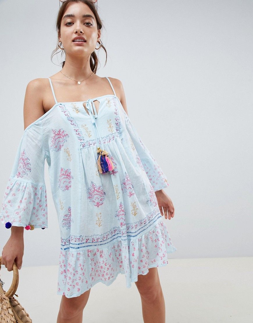South Beach crinkle cold shoulder printed beach dress with pom pom sleeve trim - Blue | ASOS US
