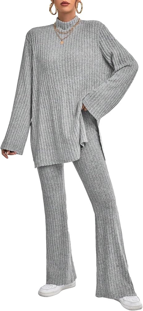 MakeMeChic Women's 2 Piece Outfits Mock Neck Split Hem Tee Top and Flare Leg Pants Lounge Set | Amazon (US)