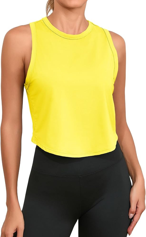 Fisoew Womens Workout Cropped Tank Tops Racerback Sleeveless Crewneck Running Yoga Active Shirts | Amazon (US)