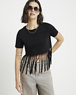 Black fringe hem t-shirt | River Island (UK & IE)