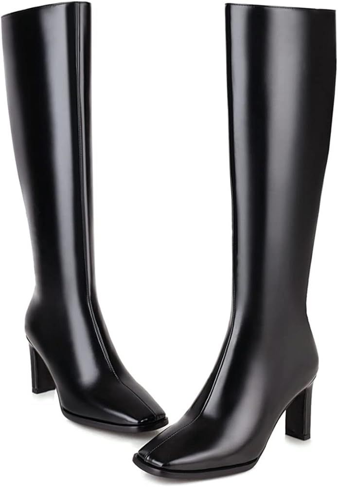 SHEMEE Women's Square Toe Chunky Heeled Knee High Boots Block Heels Tall Boot with Side Zipper | Amazon (US)
