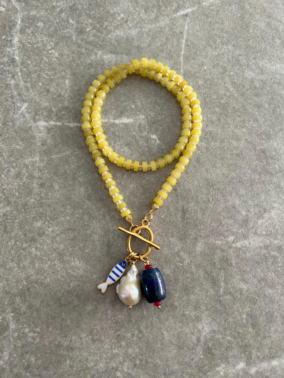 Genuine Gemstone Beaded Lemon Green Necklace, Baroque Pearl Charm Fish Charm Lapis Lazuli Charms ... | Etsy (US)