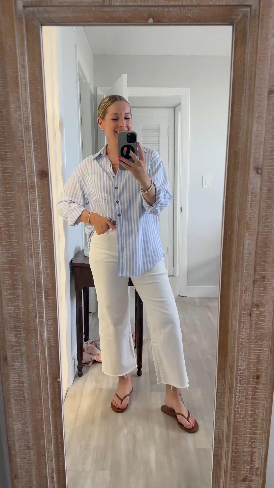 Easter Dinner outfit in Florida, night 2! It was perfect and comfy chic. Medium shirt that I wash and dry; no shrinking and no wrinkles. I even packed it in a small compression pouch all folded and it came out fine! I didn’t even have to steam it for dinner! Tts 29 jeans in classic length. True size 8 sandals  

#LTKFindsUnder50 #LTKStyleTip #LTKWatchNow