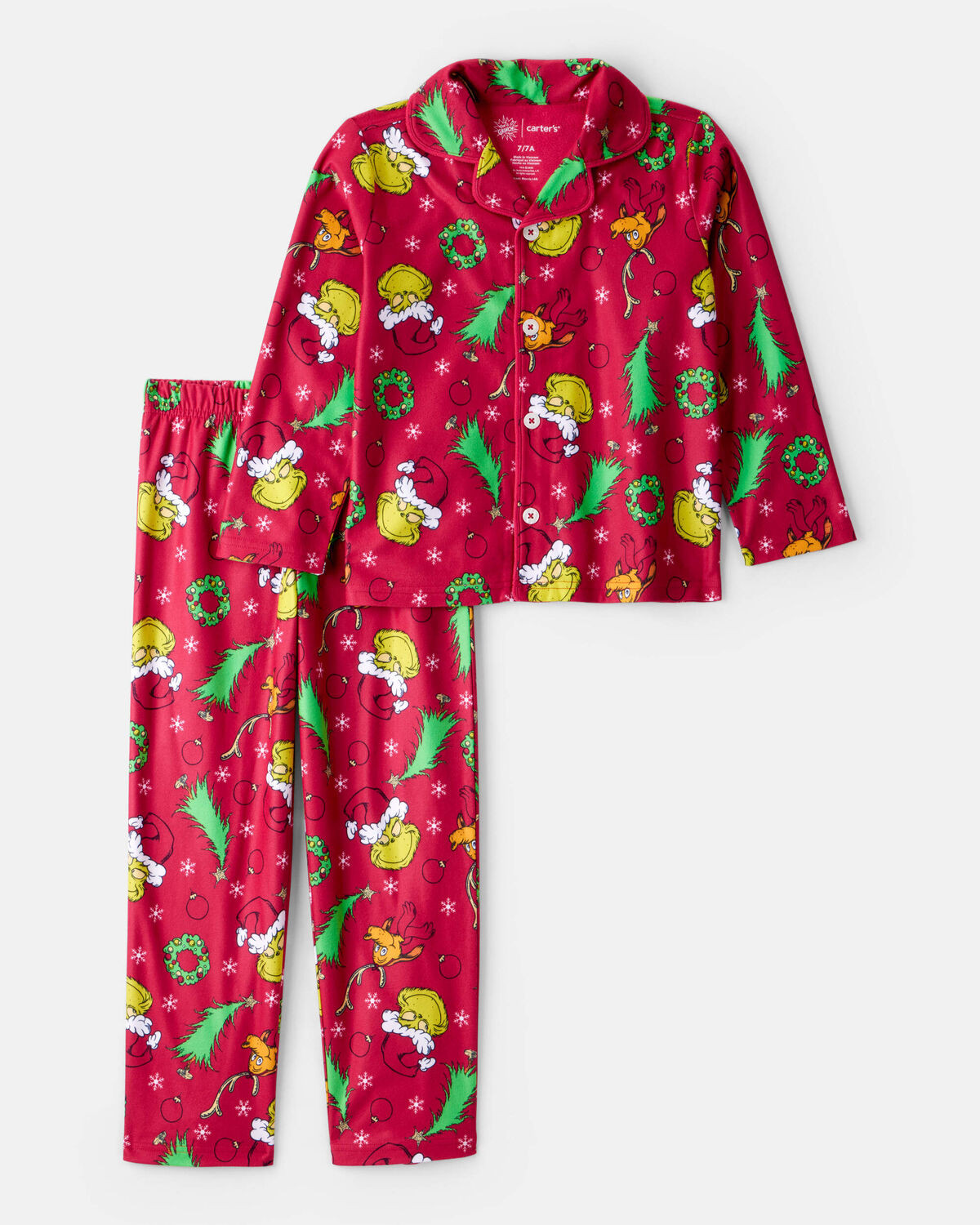 Kid Dr. Seuss™ The Grinch Print Fleece Long-Sleeve Loose Fit 2-Piece Pajamas - Red | Carter's Inc