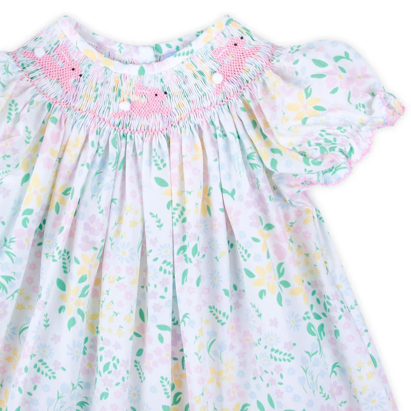 Hopping Bunny Smocked Garden Floral Bubble | Classic Whimsy