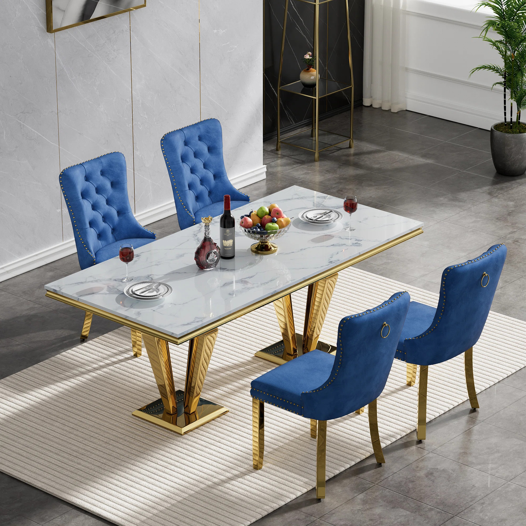 Rectangle Dining Table Set, Faux Marble Dining Table & Velvet Chairs with Stainless Steel Pedesta... | Wayfair North America