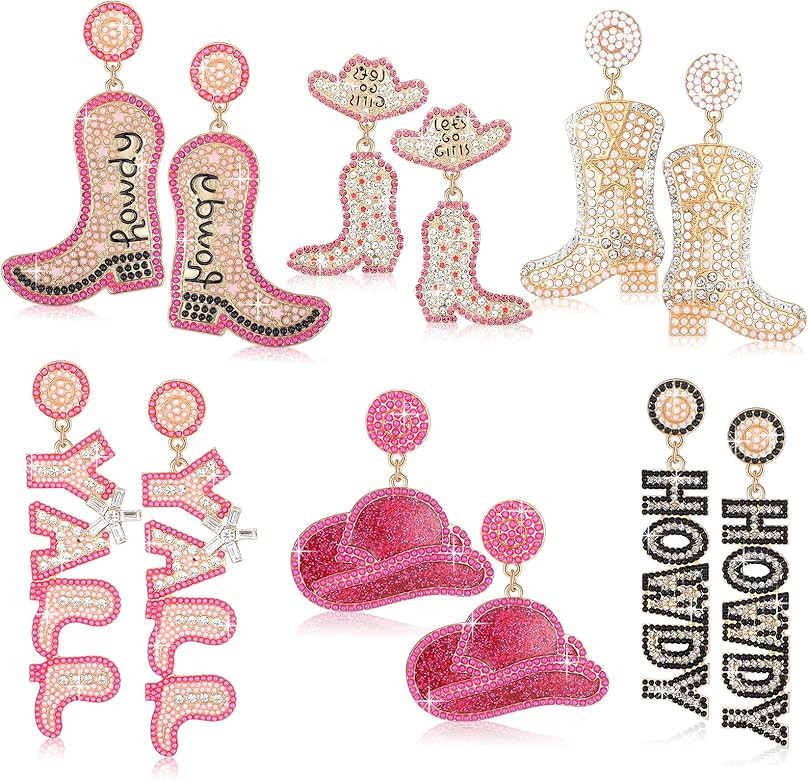 Junkin 6 Pairs Beaded Cowboy Earrings for Women Rhinestone Beads Boot Hat Drop Dangle Earrings We... | Amazon (US)