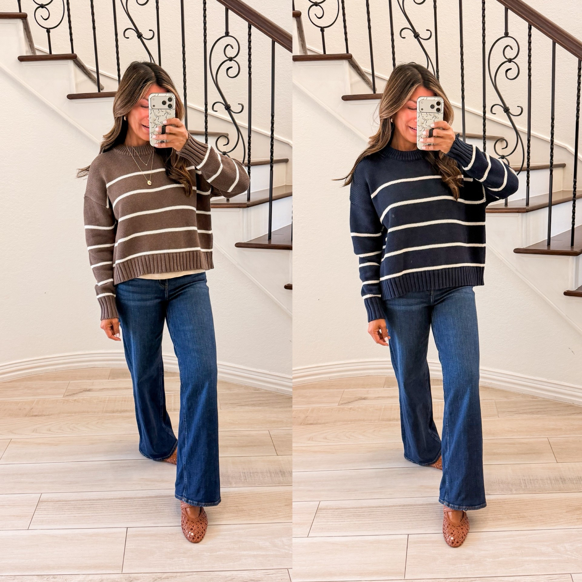 I’m 5’2” 118#ish for reference 
Both striped sweaters in size small tts
Jeans fit tts. Wearing size 26 in short length-wash is Midnight Blue.
Linking my other fave Quince pieces for fall

#QuincePartner 
@onequince 

#LTKOver40 #LTKPetite #LTKmomlife

#LTKOver40 #LTKPetite #LTKmomlife