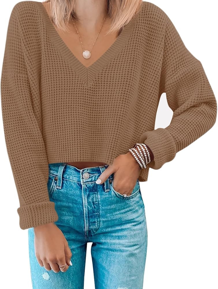 MIROL Women's Waffle Knit Cropped Top V Neck Long Sleeve Pullover Sweater Casual Solid Crop Sweat... | Amazon (US)